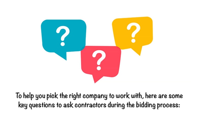 Video - 5 Questions to Ask Your HVAC Contractor. Three question marks in blue, red, and yellow chat boxes.