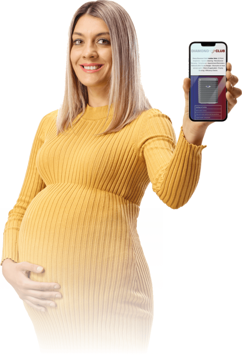 Mother-to-be holding mobile phone with Diamond Club Maintenance Club on it from Garber Heating & Air Conditioning in Morton, Illinois.